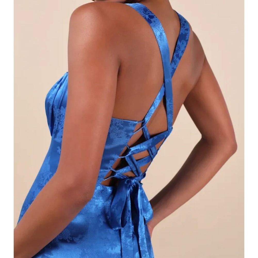 Lulus Exquisite Outlook Royal Blue Floral Jacquard Satin Lace Up Mini Dress S - Picture 3 of 12